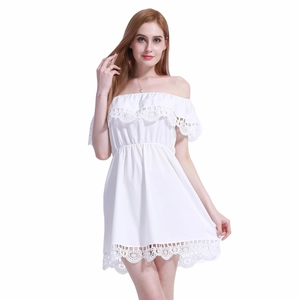 White off-the-shoulder lace mini dress with elastic high waist and A-line silhouette