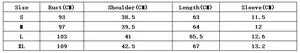 Detailed size chart for white chiffon top showing bust, shoulder, and length in centimeters