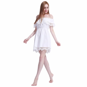 White off-shoulder summer dress with lace splicing and elastic waist for beach wear