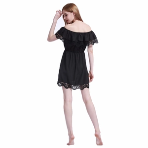 Sexy black off-shoulder summer dress with lace splicing and elastic waist beach style