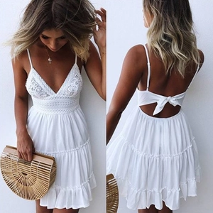 Women Sexy Lace Splicing V-Neck Sling Mini Dress Backless Bow Tie Tiered Ruffle Layered Cake Skirt Summer Beach Vacation Dress