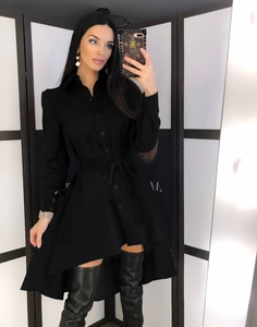 Robe Chemise Noire Élégante Style Français pour Femme Ourlet Irrégulier Manches Longues Revers Simple Boutonnage Taille Haute Robe Midi Avec Ceinture