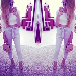 Women Elegant High Waist Chiffon Harem Pants Solid Color Paperbag Waist Trousers With Tie Belt Nine-Quarter Length Casual Wear