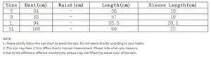 Detailed size chart for mesh lace top including bust length and sleeve measurements