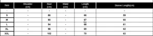 Size chart table for women's satin long sleeve blouse showing measurements S to XXL