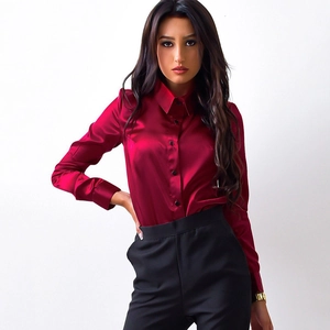 Elegant red long sleeve satin blouse with black buttons and classic lapel collar for women