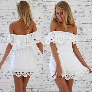 White off-shoulder summer dress with romantic lace trim and elegant ruffle details