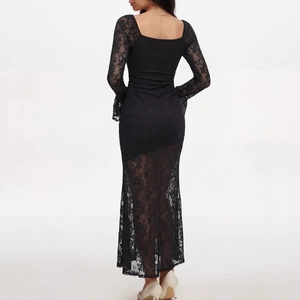 Elegant black lace long sleeve bodycon dress with square neck and sheer ankle-length hem