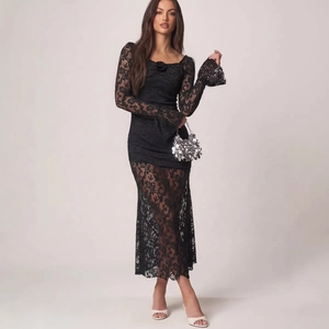 Elegant black lace long sleeve dress with floral detail and flare sleeves for women