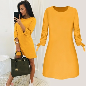 Women's Casual Solid Color A-Line Mini Dress Round Neck Long Sleeve Tie-Up Bowknot Cuffs Commuting Fashion Dress For Women