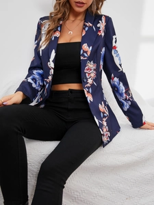 Detailed view of women floral blazer featuring slim fit cut and elegant lapel design