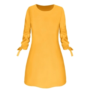 Detail of solid yellow O-neck dress featuring bow tie-up cuffs and A-line silhouette