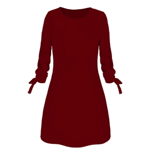 Dark red A-line long sleeve dress with O-neck and elegant tie-up cuffs on white background