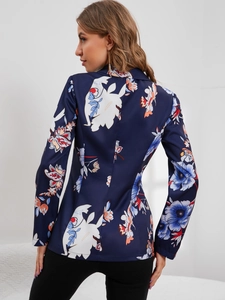 Detailed back view of women's floral blazer featuring navy blue fabric and artistic prints