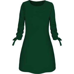 Forest green A-line long sleeve dress with O-neck and adjustable tie cuffs decoration