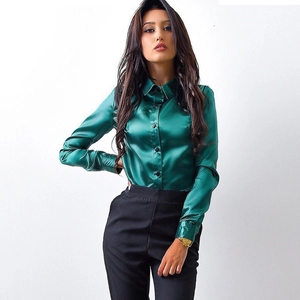 Elegant emerald green long sleeve satin blouse with lapel collar and button closure