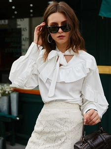 Elegant Women Ruffle Bow Tie Neck Blouse Solid Long Sleeve Loose Polyester Shirt Office Lady Commuter Tops