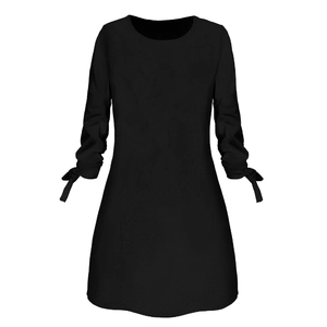 Black long-sleeve casual dress with O-neck and decorative bow-tie cuffs on white background
