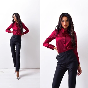 Elegant bright red satin long sleeve button-up shirt with pointed collar for women