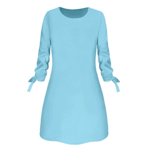 Detail of light blue A-line dress featuring round neck and bow tie cuffs on long sleeves
