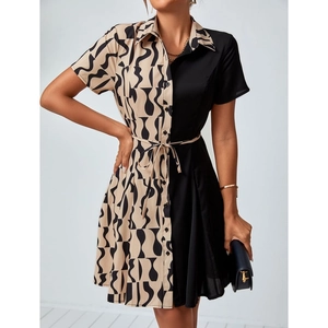 Women's Patchwork Shirt Dress Short Sleeve Button Down Mini Dress With Waist Tie Abstract Print Elegant Casual Summer Dress