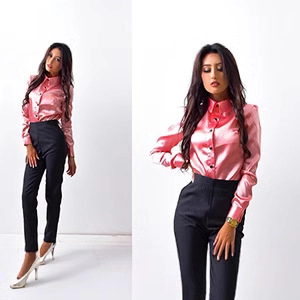 Women's pink long sleeve satin button-up shirt and high waist black slim trousers suit