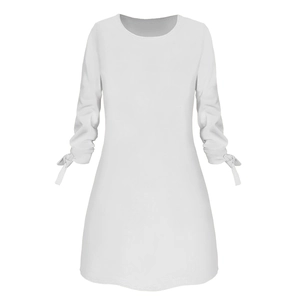 Close-up of white round neck dress featuring decorative bow-tie ribbons on the cuffs