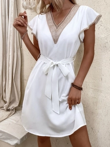 Women V Neck Lace Patchwork Short Sleeve Mini Dress Elegant Solid Color Ruffle A Line Summer Dress With Tie Waist For Vacation