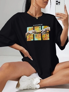T-shirt noir oversize pour femme avec imprimé artistique de tournesols vintage