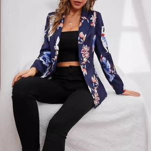 Women's dark blue floral print blazer with large painted flowers and lapel collar
