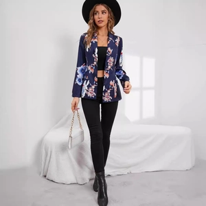 Women's dark blue floral print blazer with slim fit lapel design and abstract patterns