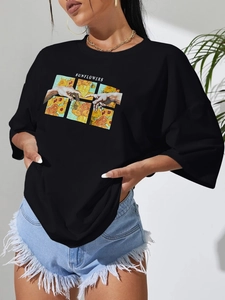 T-shirt noir oversize pour femmes avec imprimé artistique de tournesols