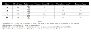 Size chart for women butterfly print t-shirt showing S to XL dimensions in centimeters