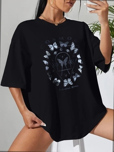 Women's oversized black cotton T-shirt featuring celestial butterfly graphic and cosmos print