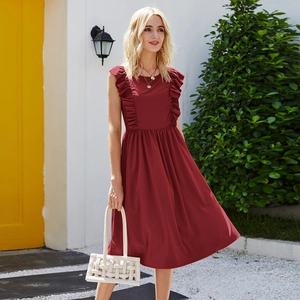 Elegant wine red sleeveless dress with ruffle shoulders and pleated waist for beach summer wear
