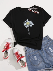 T-shirt nera casual da donna con stampa a margherita minimalista e girocollo