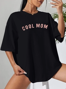 T-shirt noir oversize pour femmes avec lettrage Cool Mom rose et col rond décontracté