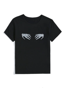 Women's black cotton t-shirt with white skeleton hands print and classic crew neck