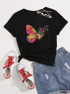Women Casual Black Butterfly Print T-Shirt Round Neck Short Sleeve Cotton Blend Streetwear Graphic Tee Summer Top