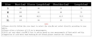 Detailed size chart for women's blouse with measurements for bust, sleeve and shoulder