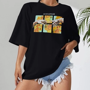 T-Shirt Noir Oversize Décontracté pour Femmes Imprimé Tournesol Artistique Col Rond Manches Courtes Streetwear Haut en Coton Mélangé