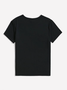 Back view of black cotton short sleeve crew neck T-shirt with premium stitching