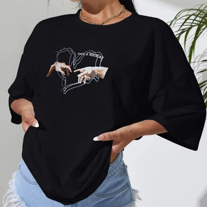 Maglietta Nera Oversized Casual da Donna Stampa Artistica Mano Cuore Manica Corta in Misto Cotone Girocollo Top