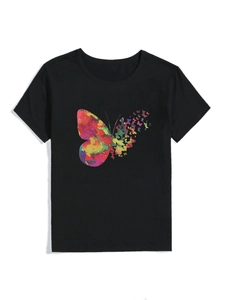 Women's black cotton t-shirt with a colorful artistic butterfly print on the chest