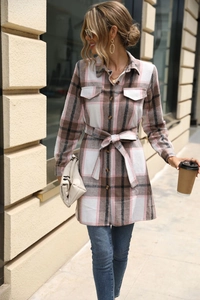 Women Plaid Long Sleeve Shirt Jacket With Belt Single Breasted Chest Pockets Fashion Elegant Autumn Winter Shacket Top