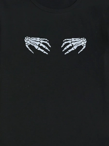 Women's black crewneck T-shirt featuring symmetrical white skeleton hand prints on chest