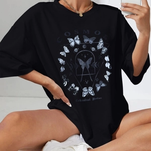 Women Oversized Cotton Blend T-Shirt Butterfly Cosmos Print Round Neck Casual Short Sleeve Loose Black Mystical Top