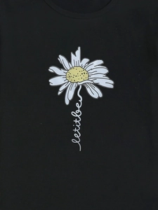 T-shirt nera a girocollo con stampa di margherita bianca e scritta let it be elegante