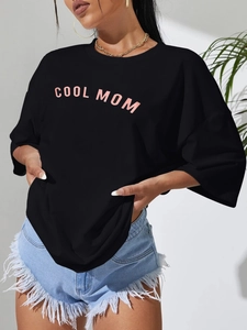 T-shirt noir femme en coton avec imprimé COOL MOM rose et coupe ample décontractée
