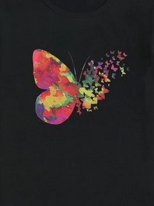 Black crewneck T-shirt for women featuring a colorful artistic butterfly graphic print